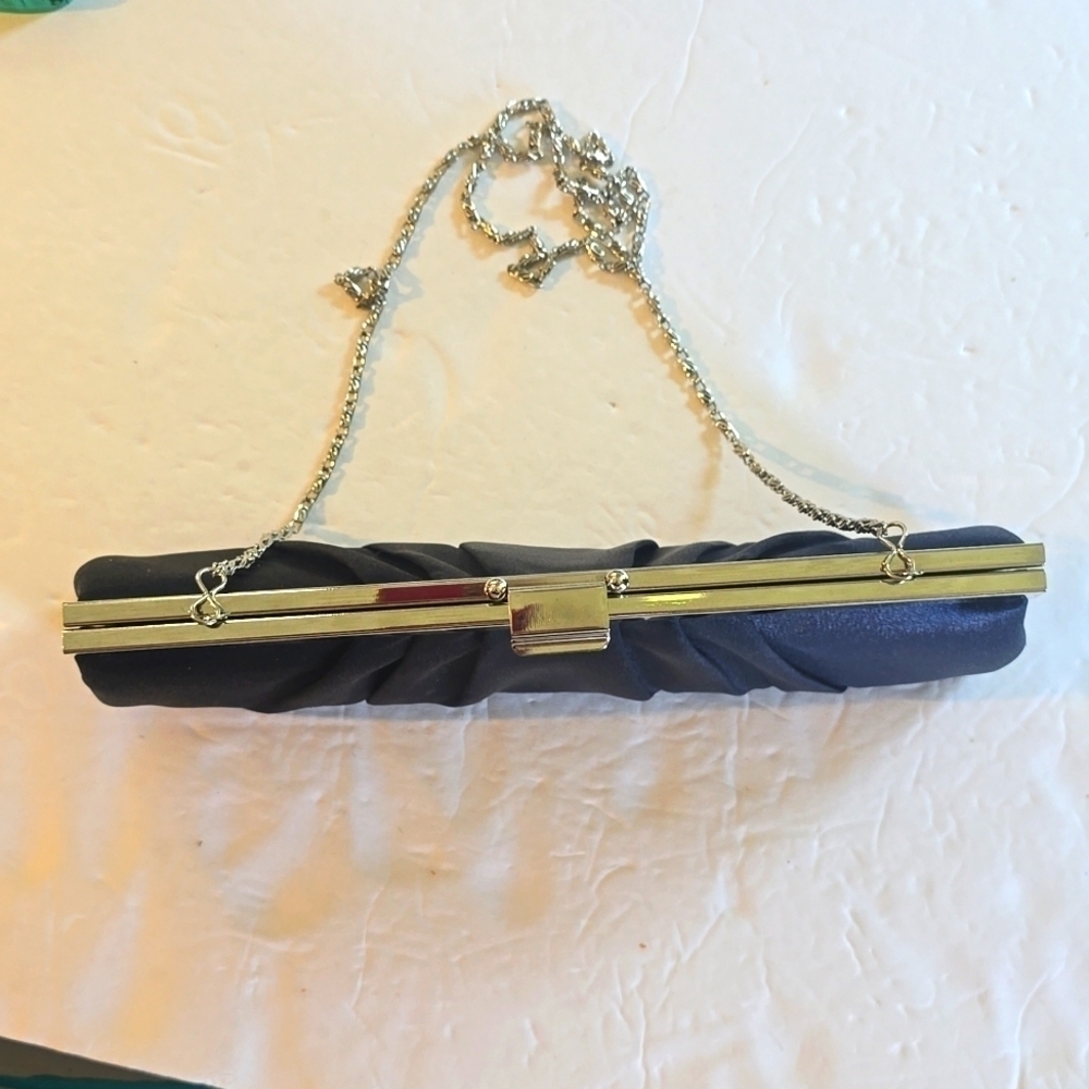 Gunne Sax | Navy Blue/ Silver Satin Evening Clutch Elegant Stunning! Large - Picture 12 of 14